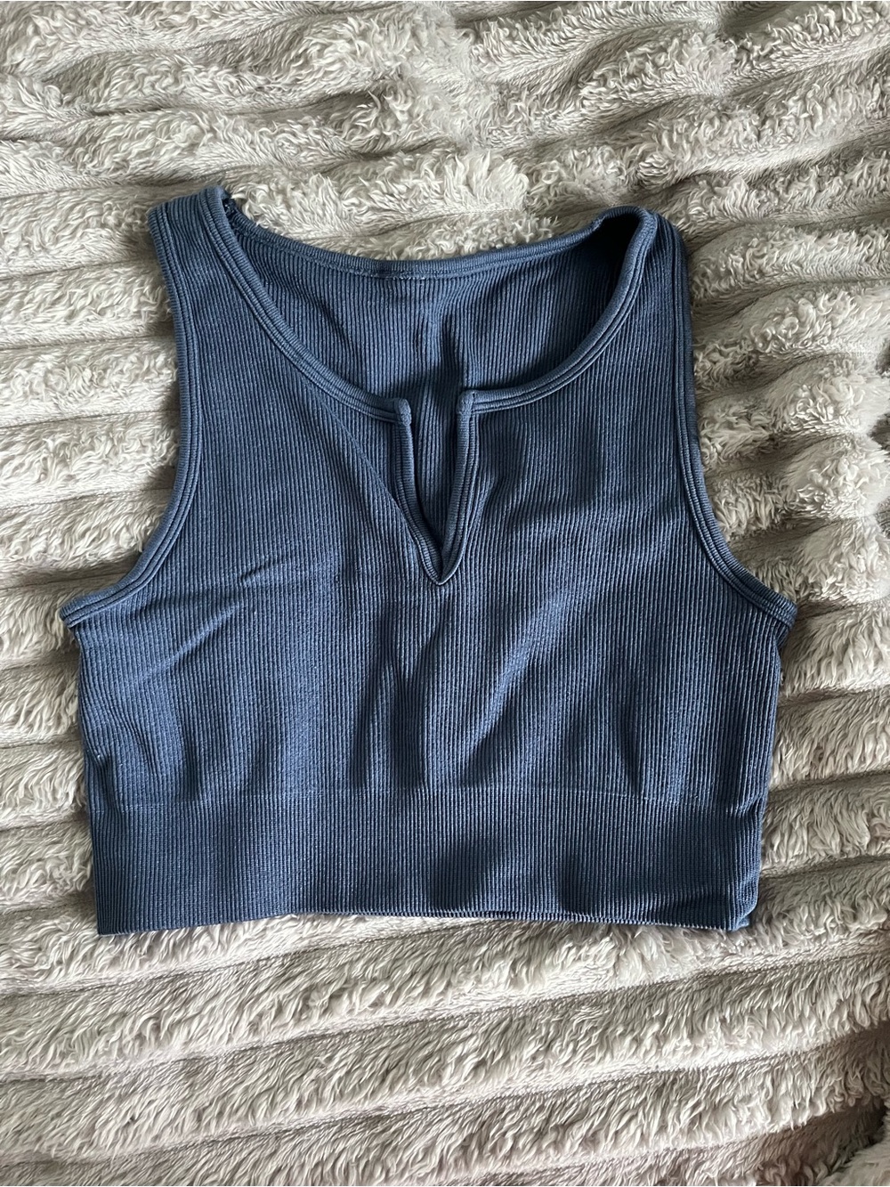 Ribbed Notch-Neck Crop Tank Top - Blue